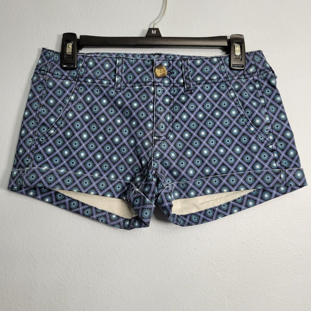 NWT American Eagle Womens Sz 0 Stretch Shortie Shorts Blue Geometric Chino Boho